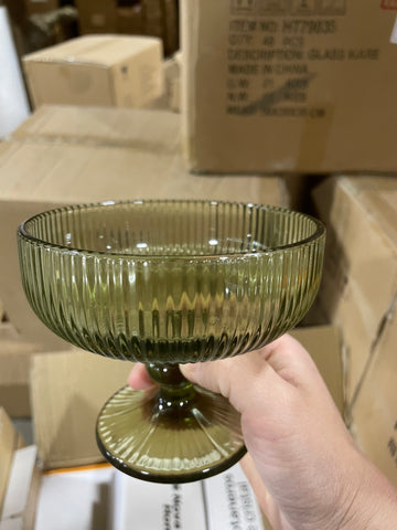 Olive Green Vintage striped coupe cocktail drinking Glass crystal look