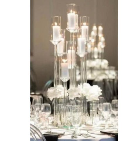 CRYSTAL pillar CANDLeholder set 8 head on round dish