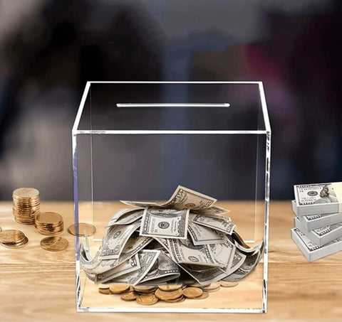 Clear Acrylic Money box 9”x9”x9”H