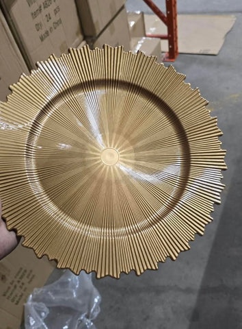 12.5" Acrylic Charger Plate gold striped with stripe plastic