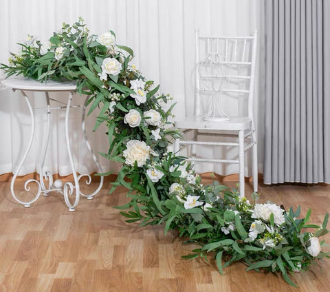 Green White Forest Table Runner Artificial Flower Arrangement