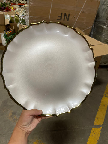 New 12.5" white flower Glass Charger with gold band